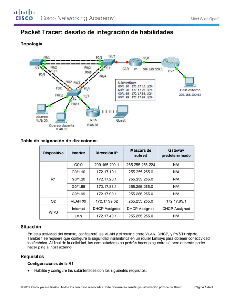 Packet Tracer desafío de habilidades de integración instrucciones