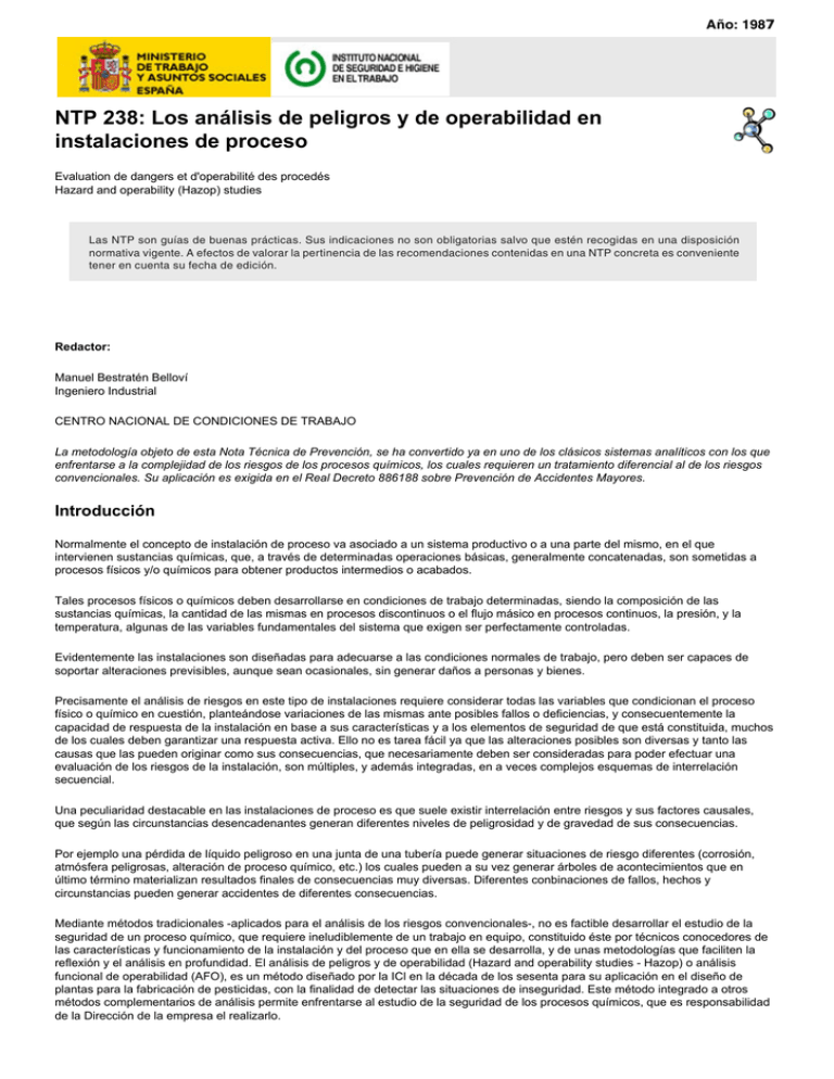 Nueva ventana NTP 238 Los análisis de peligros y de operabilidad en