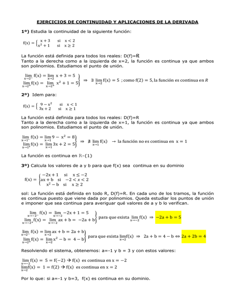 Ejercicios De Continuidad Y Aplicaciones De La Derivada