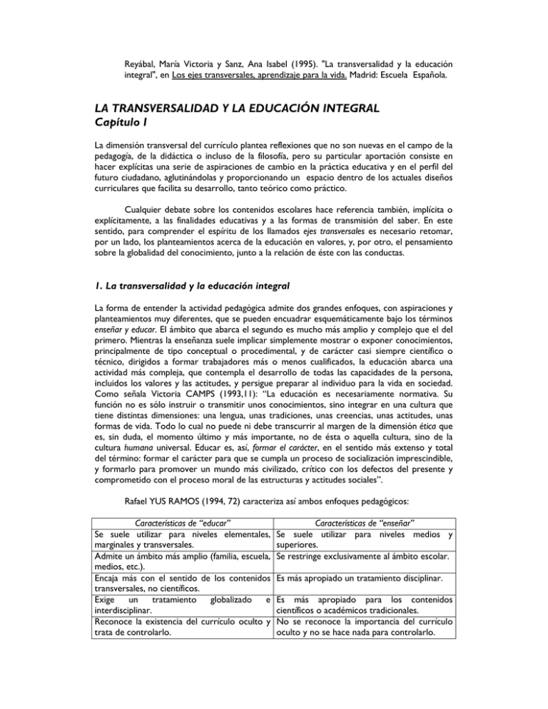 La Transversalidad Y La Educaci N Integral Cap Tulo I