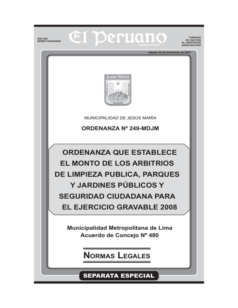 ORDENANZA QUE ESTABLECE EL MONTO DE LOS ARBITRIOS