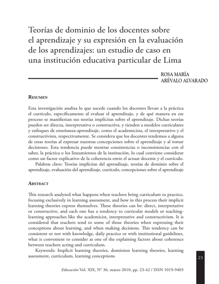 Teor As De Dominio De Los Docentes Sobre El Aprendizaje Y Su