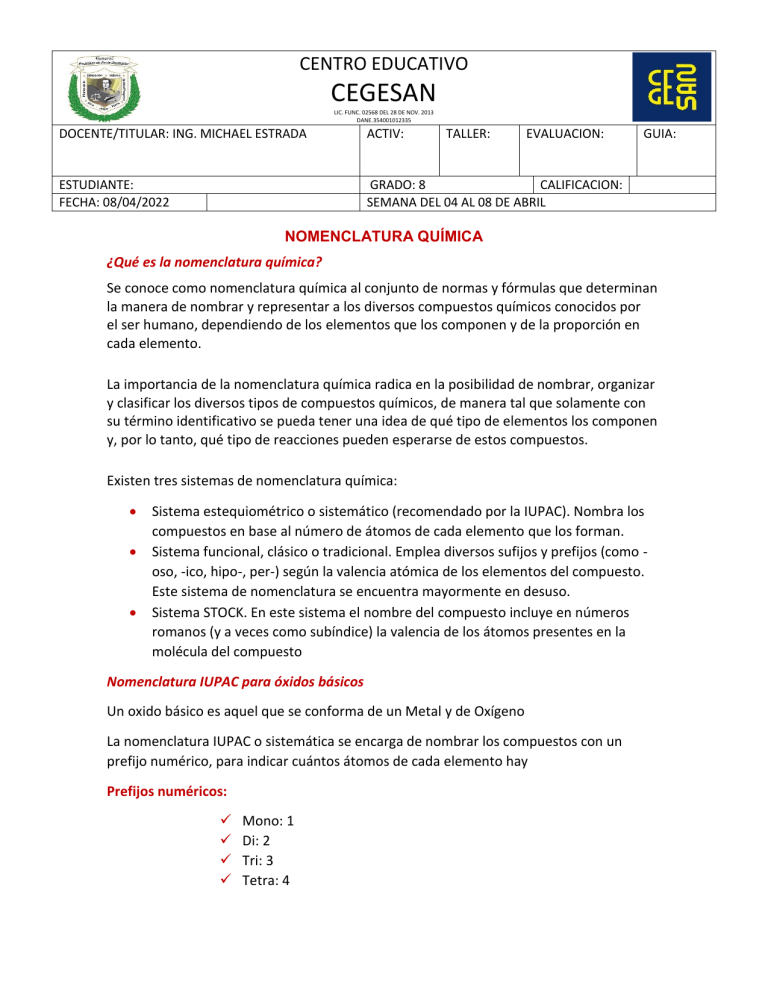 Nomenclatura Qu Mica Para Octavo Grado