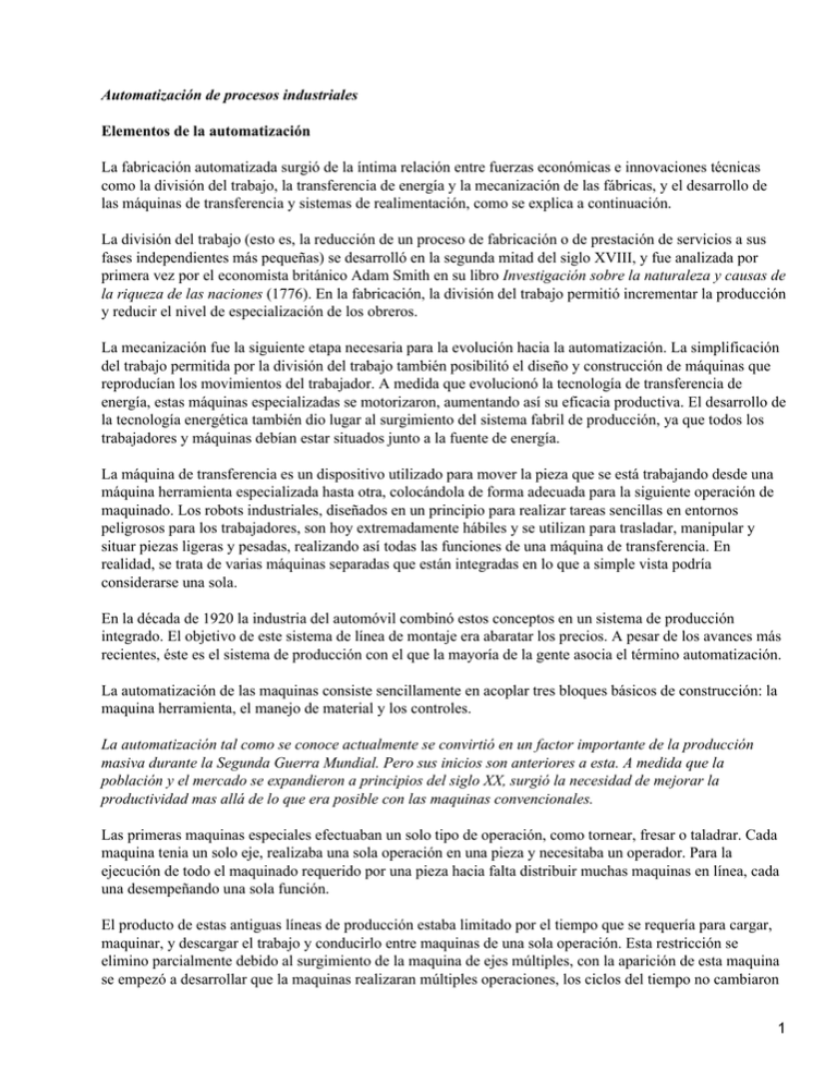 Automatización de procesos industriales Elementos de la automatización