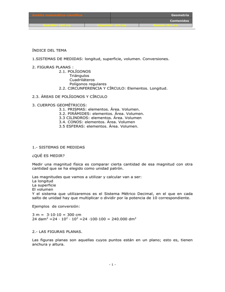  NDICE DEL TEMA 1 SISTEMAS DE MEDIDAS Longitud Superficie Volumen