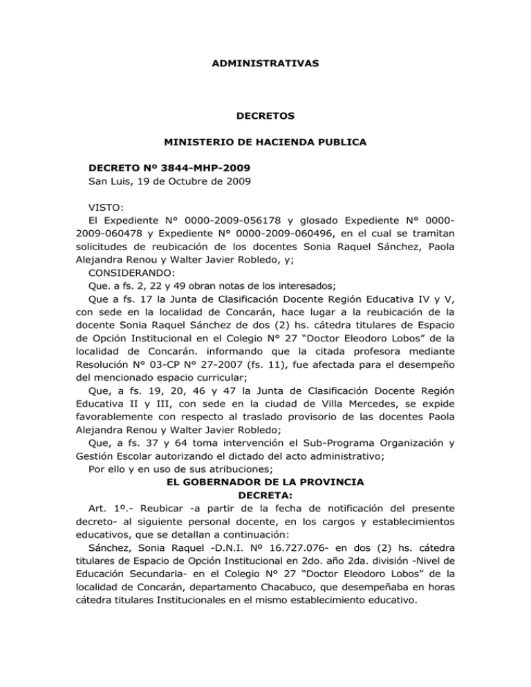 ADMINISTRATIVAS DECRETOS MINISTERIO DE HACIENDA PUBLICA