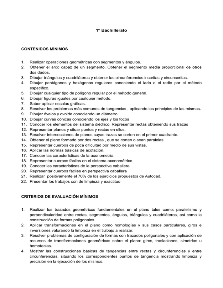 1 Bachillerato CONTENIDOS M NIMOS Realizar Operaciones