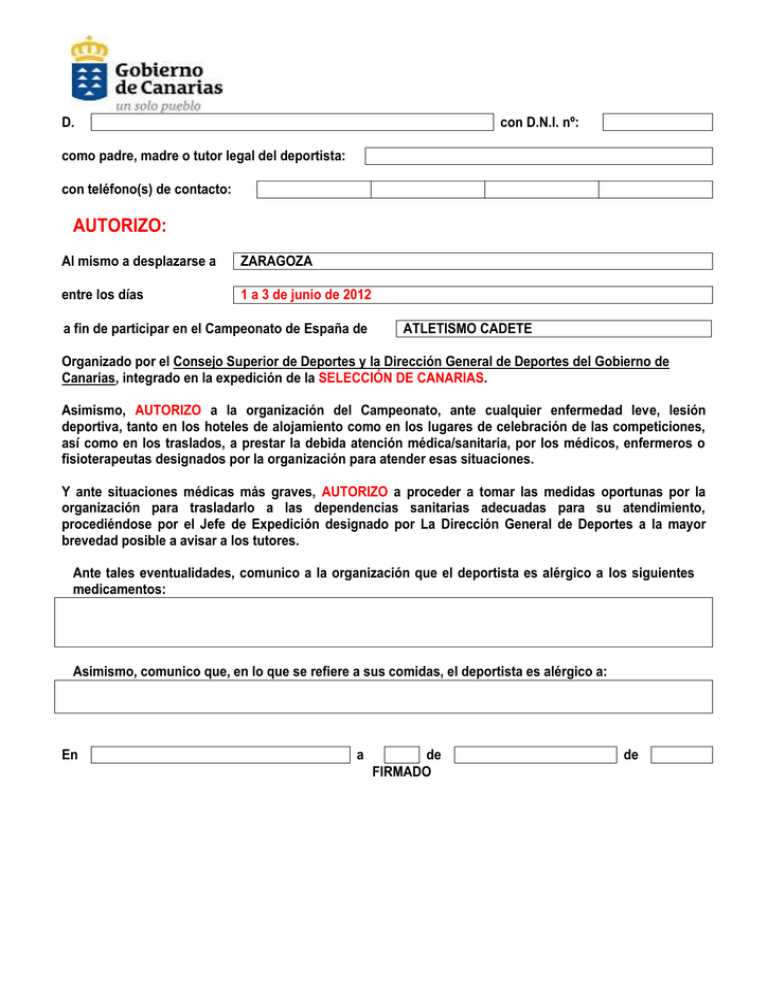 Autorización paterna Cto. España Cadete por