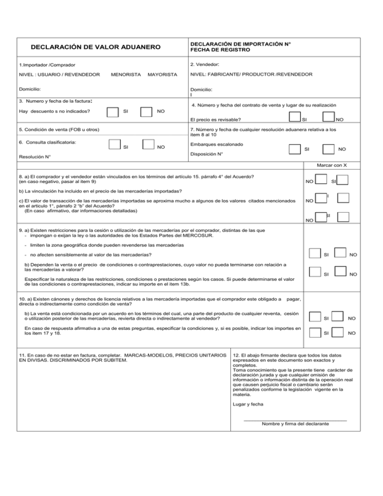 DECLARACIÓN DE VALOR ADUANERO
