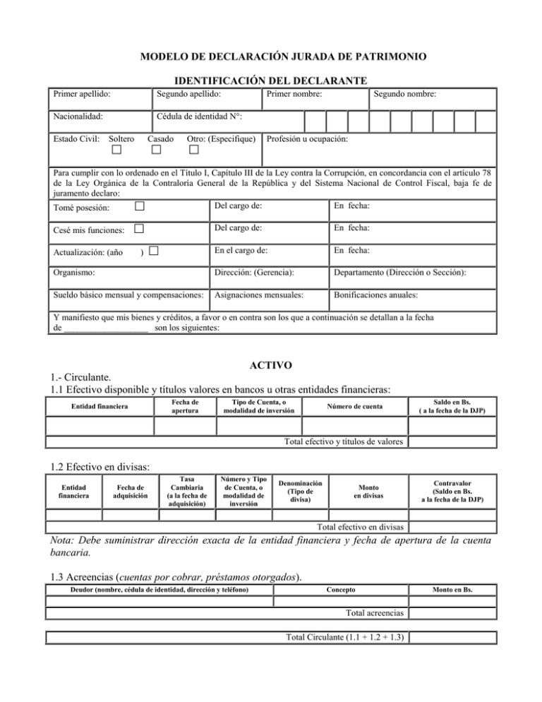 Modelo De Declaracion Jurada Contraloria Gral Rep Ban 0991