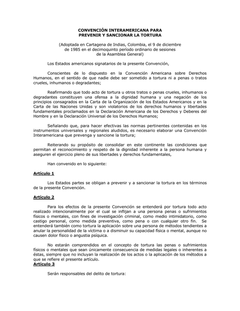 Convención Interamericana Para Prevenir La Tortura