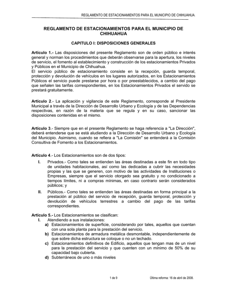 Reglamento De Estacionamientos Para El Municipio De Chihuahua