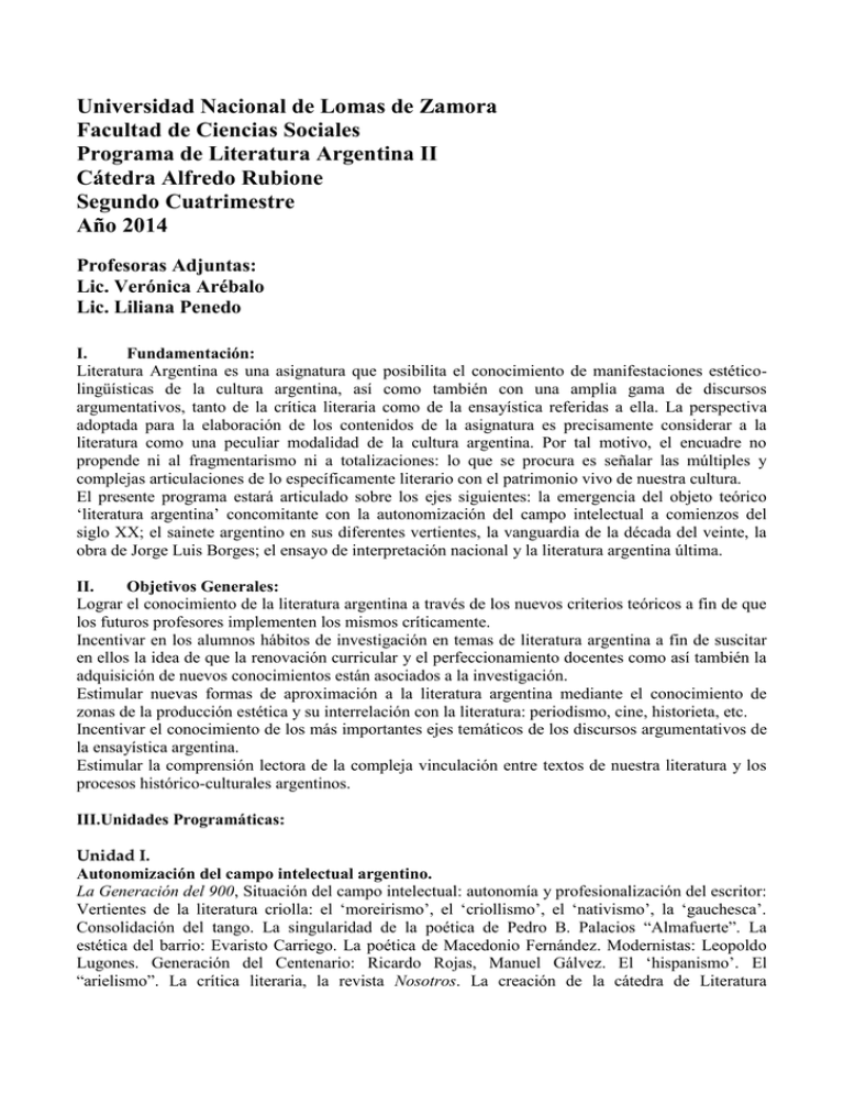 Literatura Argentina II Facultad De Ciencias Sociales
