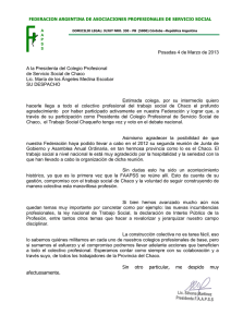 Nota de agradecimiento al Colegio Profesional de Servicio Social, de parte de la presidente de la FAAPSS