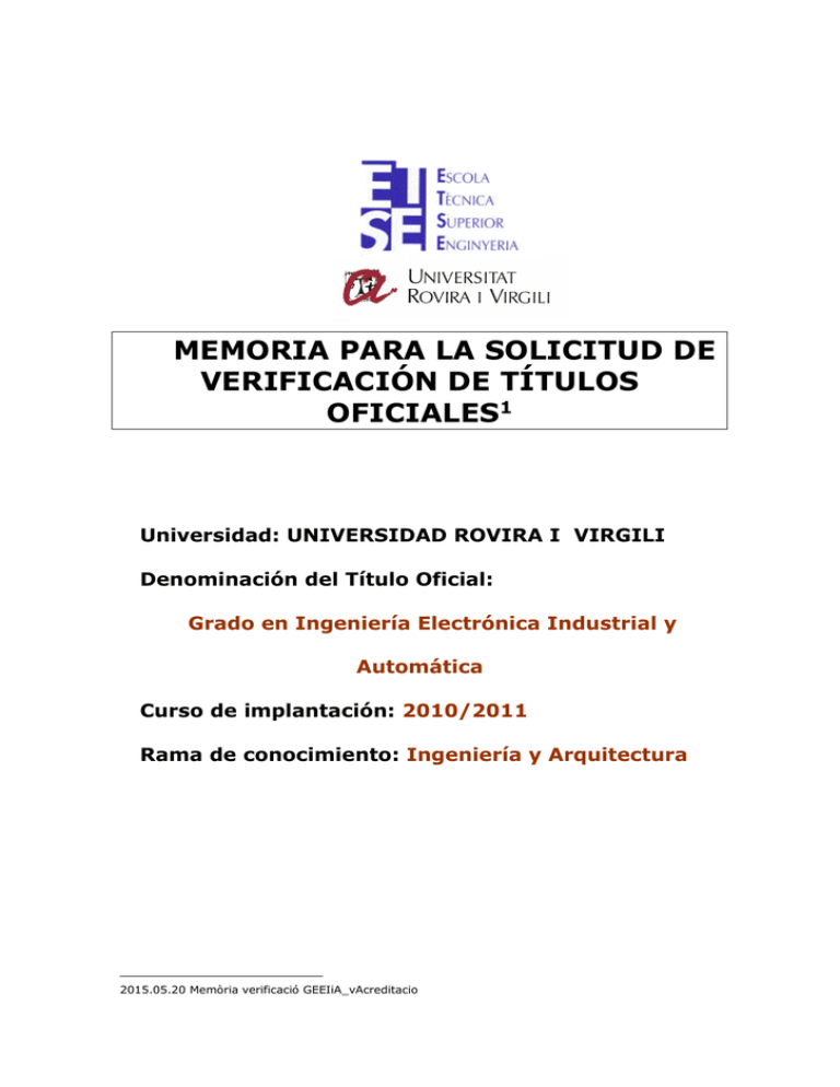 MEMORIA PARA LA SOLICITUD DE VERIFICACIÓN DE TÍTULOS OFICIALES