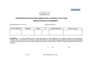 Certificado de deuda reclamada por la EELL para resolución de aplazamiento