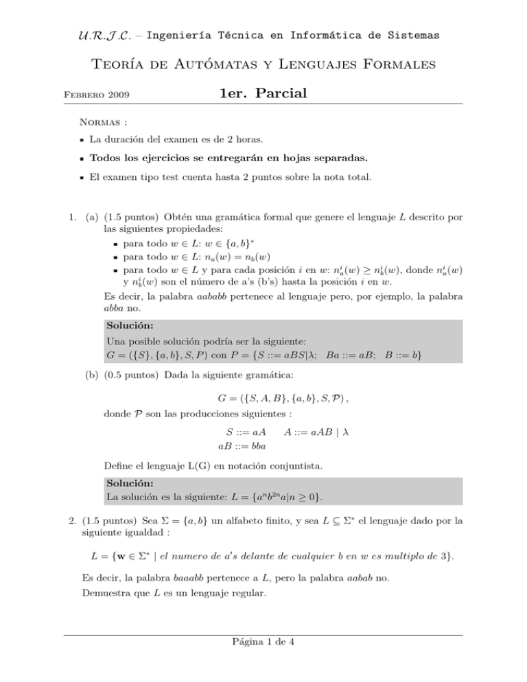 Teor´ıa De Aut´ Omatas Y Lenguajes Formales 1er. Parcial