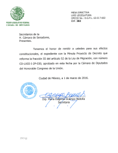 PROYECTO de Decreto que reforma la fracción III del artículo 52 de la Ley de Migración.