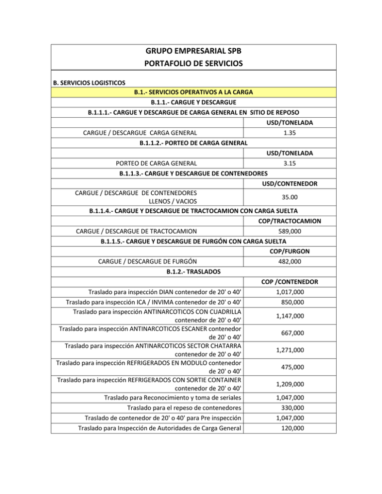 Tarifas Servicios Logisticos Grupo SPB