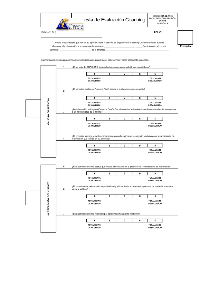 Encuesta De Evaluación Coaching