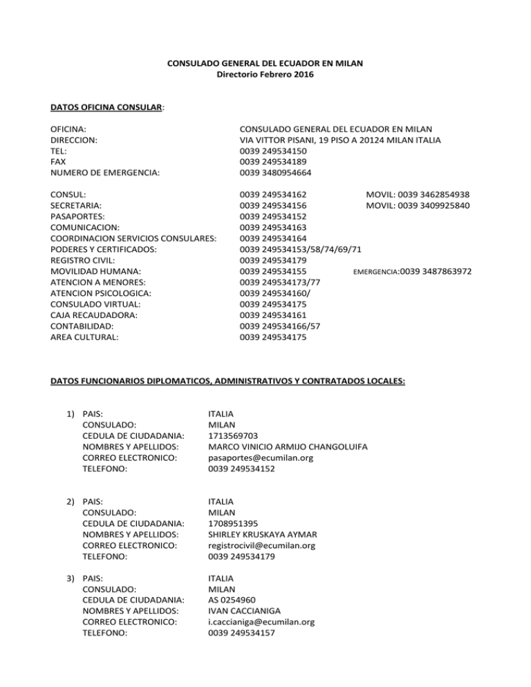 CONSULADO GENERAL DEL ECUADOR EN MILAN Directorio