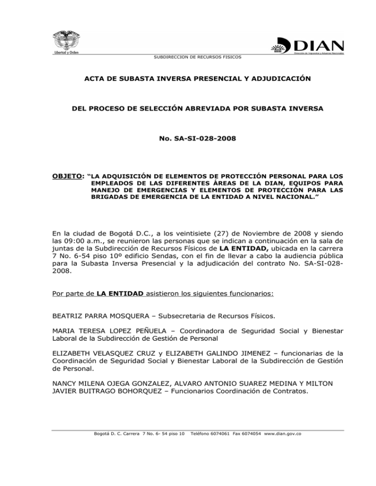 Acta De Subasta Inversa Presencial Y Adjudicación