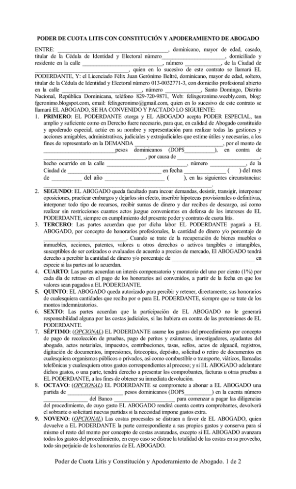 Poder De Cuota Litis Y Constitución Y Apoderamiento De Abogado 1 0346