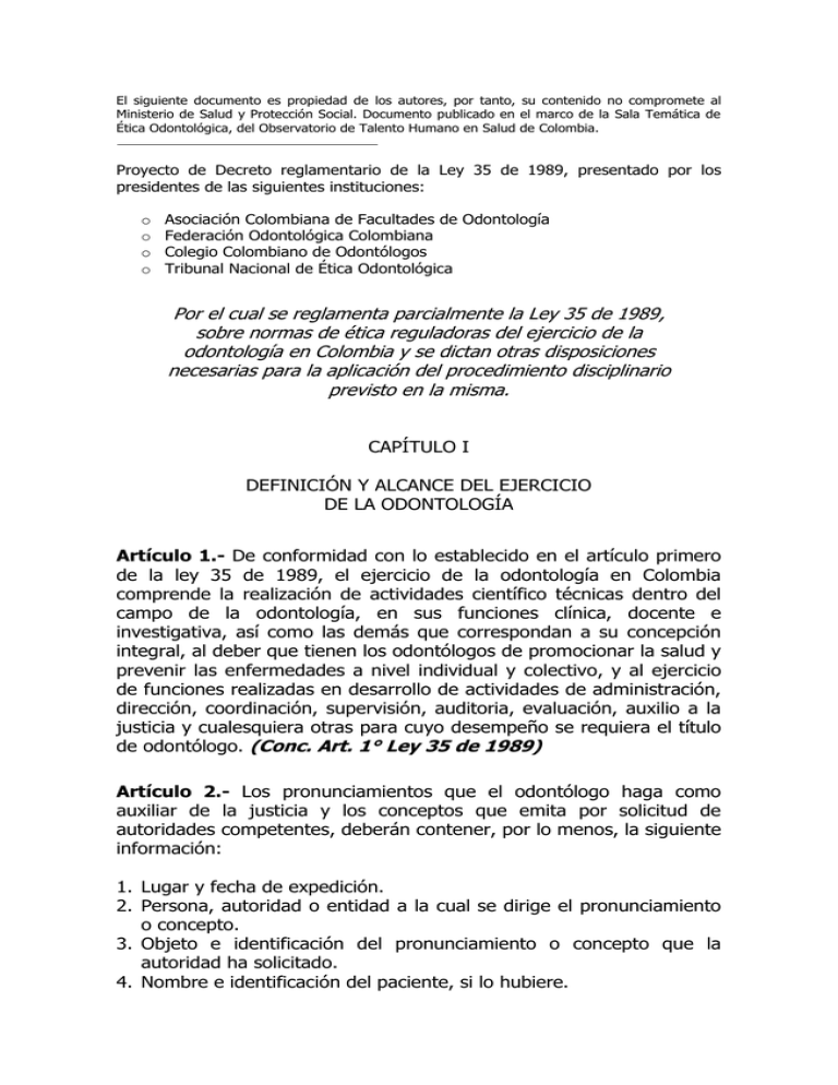 Proyecto De Decreto Reglamentario De La Ley 35 De 1989