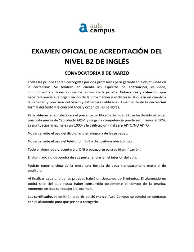 Examen Oficial De Acreditación Del Nivel B2 De Inglés