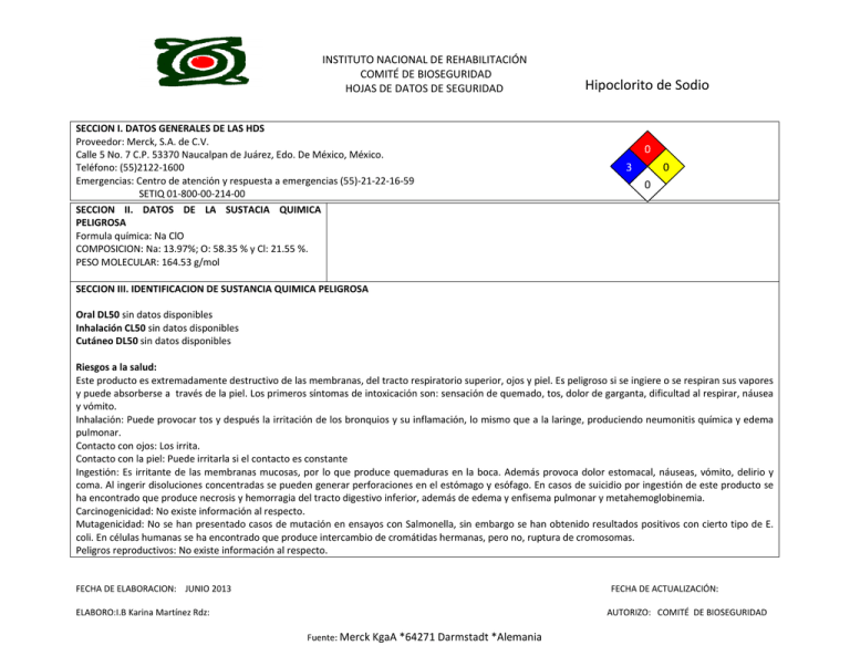 Hoja De Seguridad Hipoclorito De Sodio Colombia studylib.es
