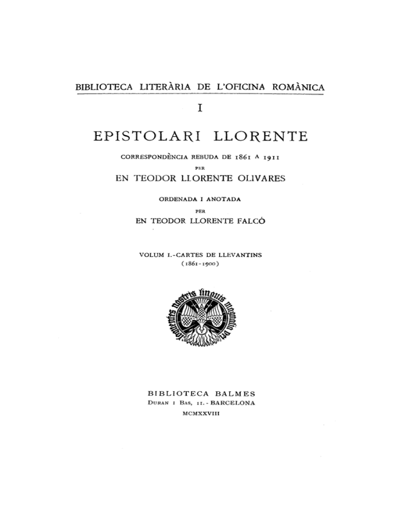 Pdf Epistolari Llorente. Volum I. Cartes De Llevantins (1861