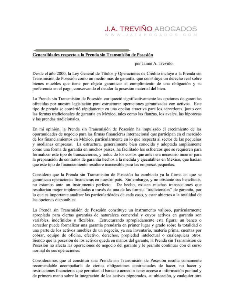 Generalidades Respecto A La Prenda Sin Transmisi n De Posesi n