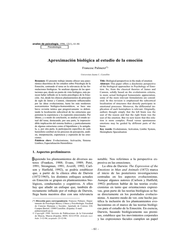 Aproximación Biológica Al Estudio De La Emoción