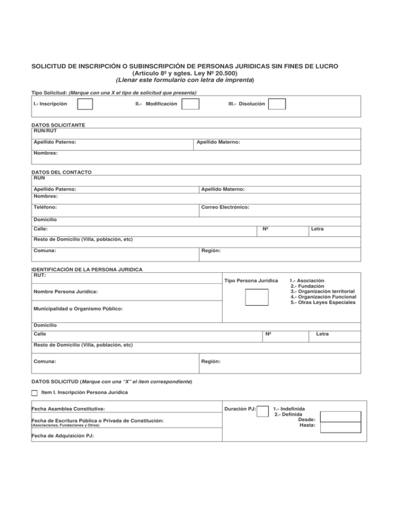 Formulario De Solicitud De Inscripción O Subinscripción Al Registro.