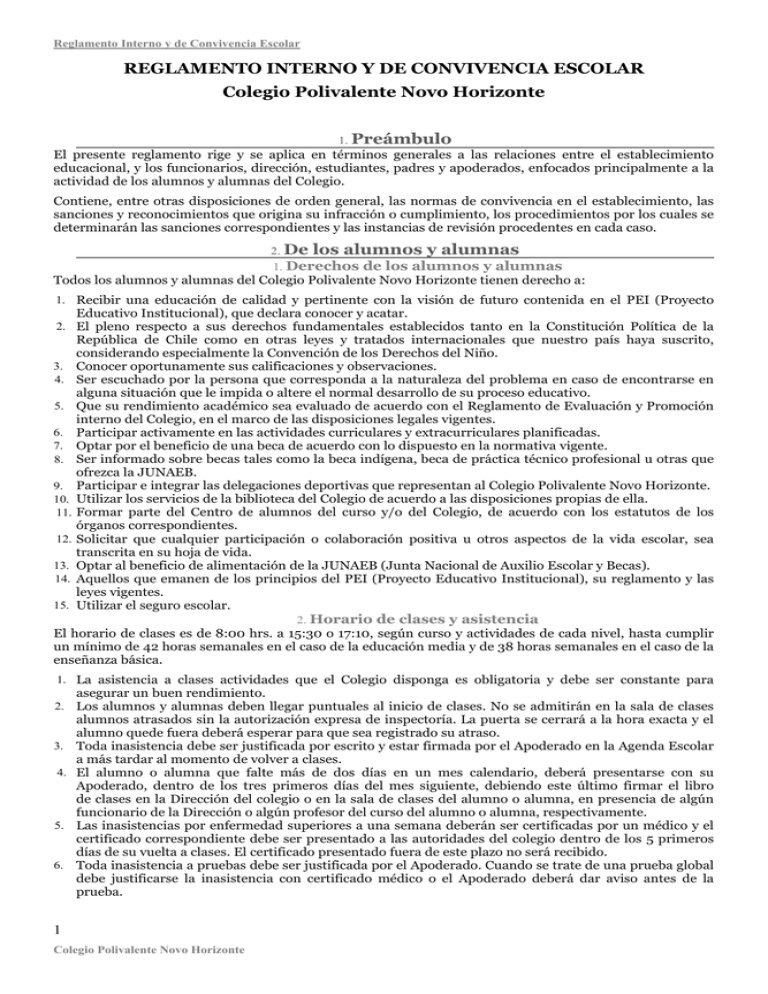 REGLAMENTO INTERNO Y DE CONVIVENCIA ESCOLAR Colegio