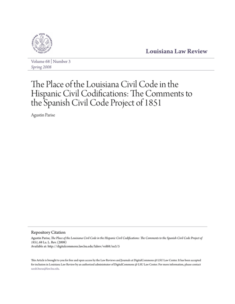 The Place of the Louisiana Civil Code in the Hispanic Civil