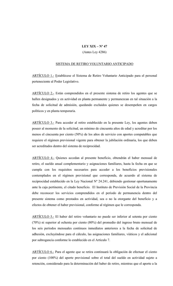 Sistema de retiro voluntario anticipado art culo 1 