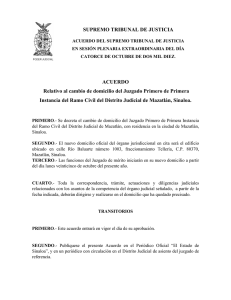 Acuerdo relativo al cambio de domicilio del Juzg. 1 Civil de Mazatlán
