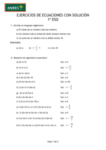 Hoja de ejercicios de ecuaciones para 1º ESO con soluciones