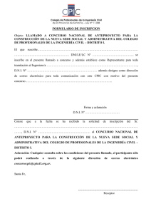 FORMULARIO DE INSCRIPCION Objeto: LLAMADO A CONCURSO