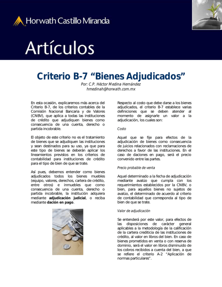 Criterio B-7 “Bienes Adjudicados”