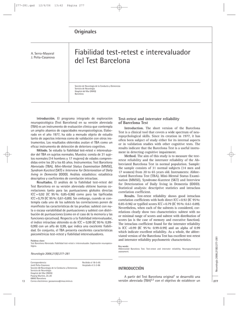 Fiabilidad Test retest E Interevaluador Del Test Barcelona