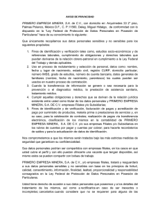 AVISO DE PRIVACIDAD PRIMERO EMPRESA MINERA, SA de CV