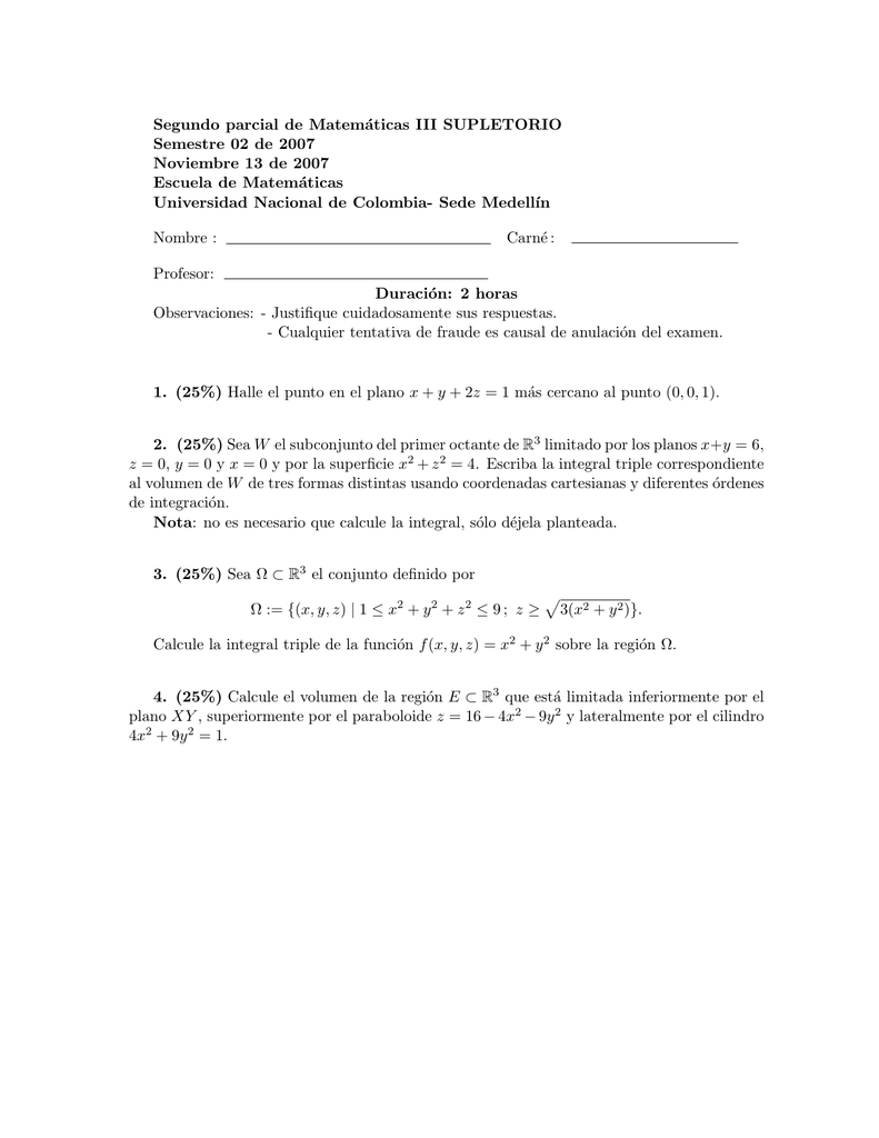 Segundo Parcial De Matematicas Iii Supletorio Semestre 02 De