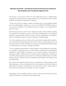 Monición de Entrada – Eucaristía de Acción de Gracias por los 20