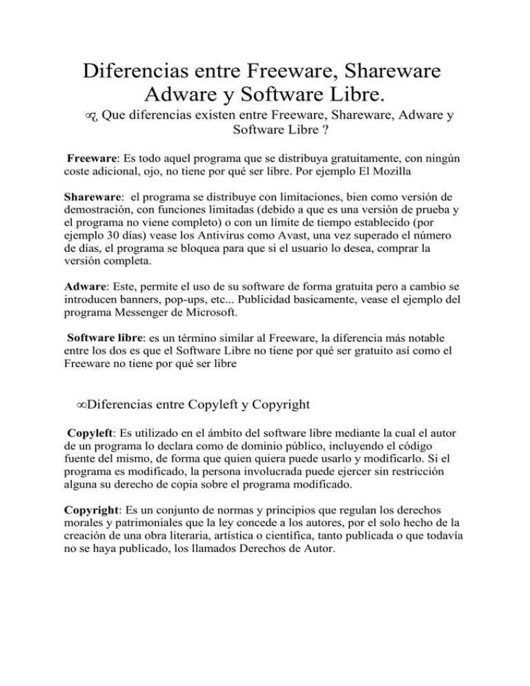 Diferencias entre Freeware, Shareware Adware y