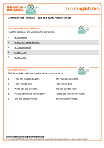 Grammar test – Modals – can and can`t: Answer Sheet
