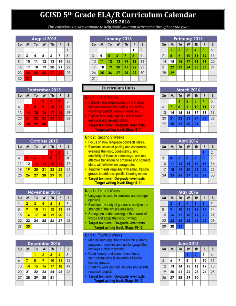 GCISD 5th Grade ELA/R Curriculum Calendar