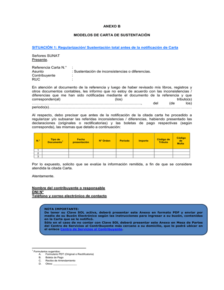 ANEXO B: Modelos De Carta De Sustentación