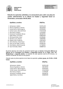 Relación de aspirantes admitidos a la convocatoria para cubrir una